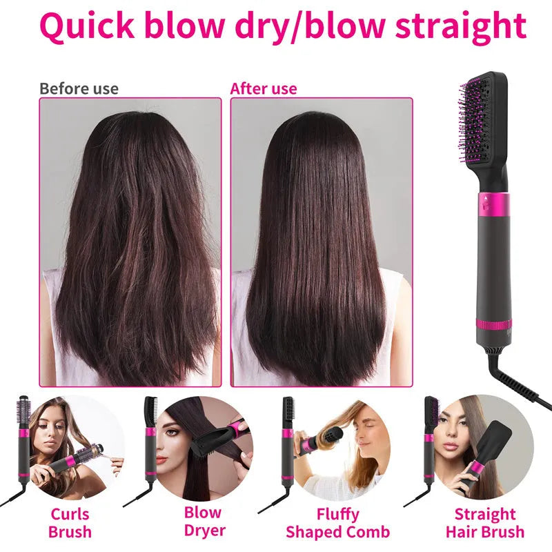 Dyson grey 5-in-1 hot air hair dryer brush with multiple brush attachments on a white background.