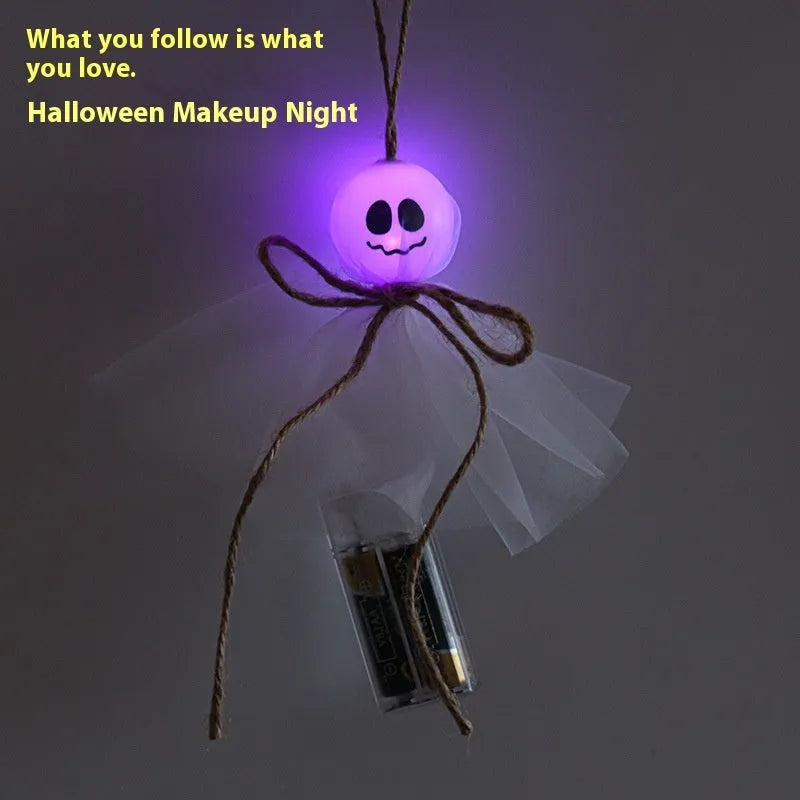 Halloween ghost LED lighting chain with 20 PVC beads in six colour options, battery-powered for spooky venue decorations
