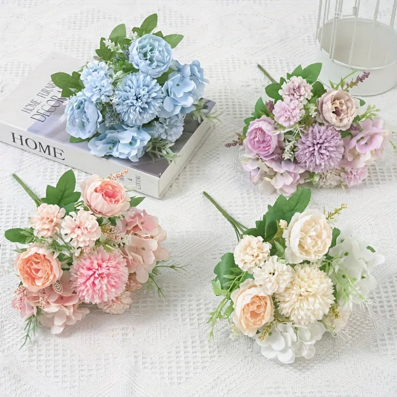 Artificial hydrangea flower with raw silk bloom on a plastic stem in blue.