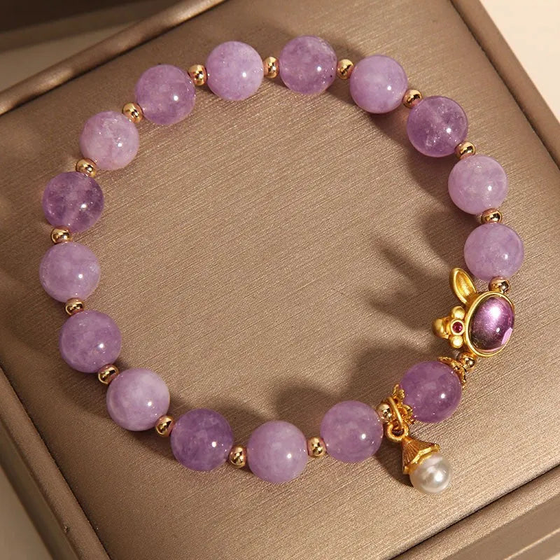 Natural mauve jade crystal rabbit bracelet with purplish red jade hare head pendant
