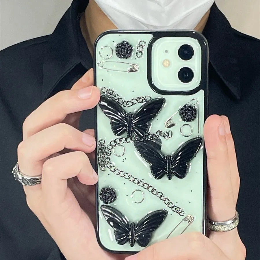 Dark wind 3D butterfly phone case with black bow and drop glue texture for Apple iPhone models.