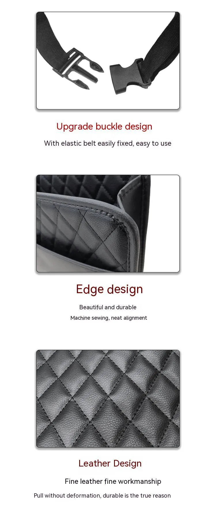 Black leather hanging car storage bag measuring 25x25x8cm attached to car headrest