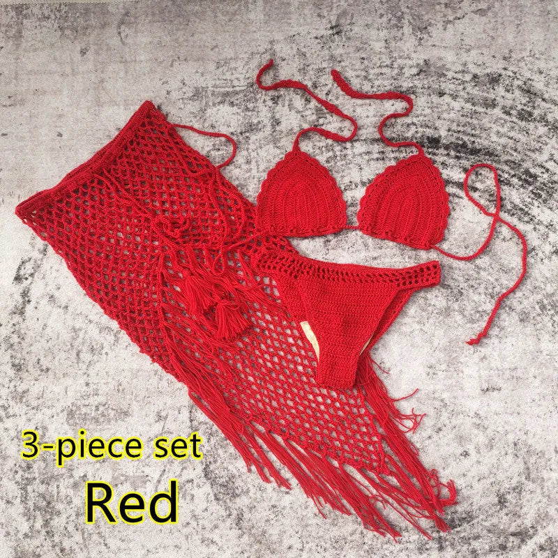 Handmade crochet bikini set with matching beach skirt in blue colour, showing three separate pieces