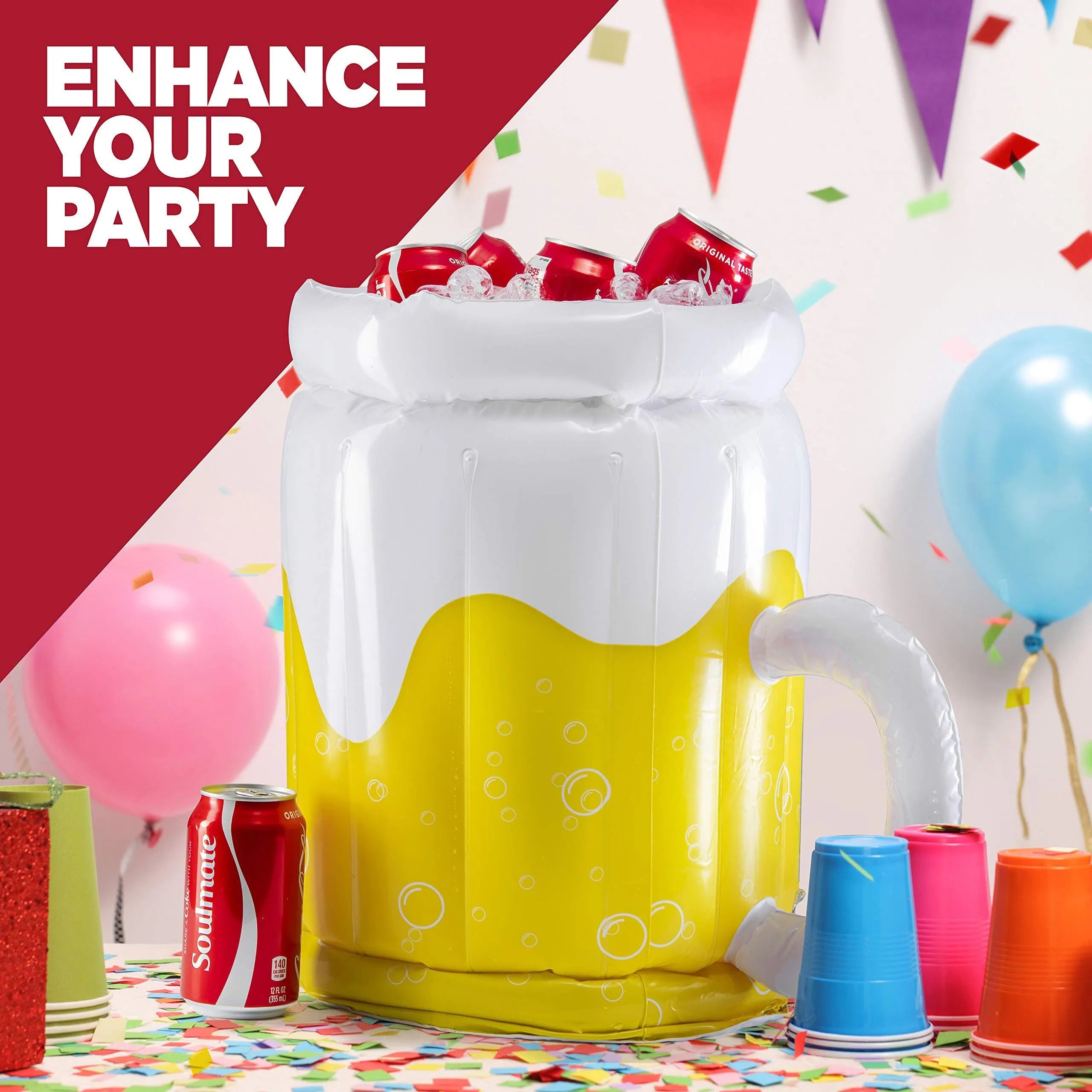 Yellow inflatable beer mug cooler pool float with drink-holding function