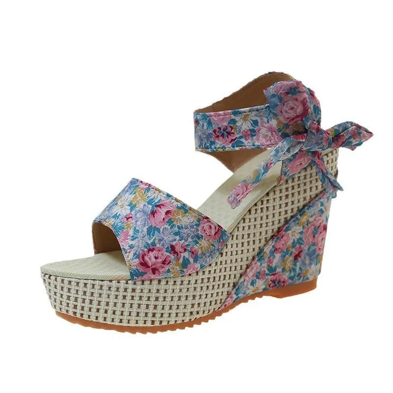 Women's floral wedge peep toe sandals with ankle-strap buckle on rubber sole
