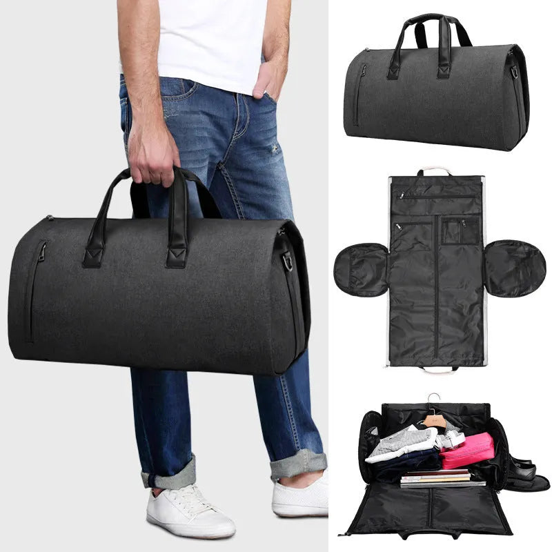 Oval travel bag in light grey with multiple internal compartments showing wet-dry separation feature