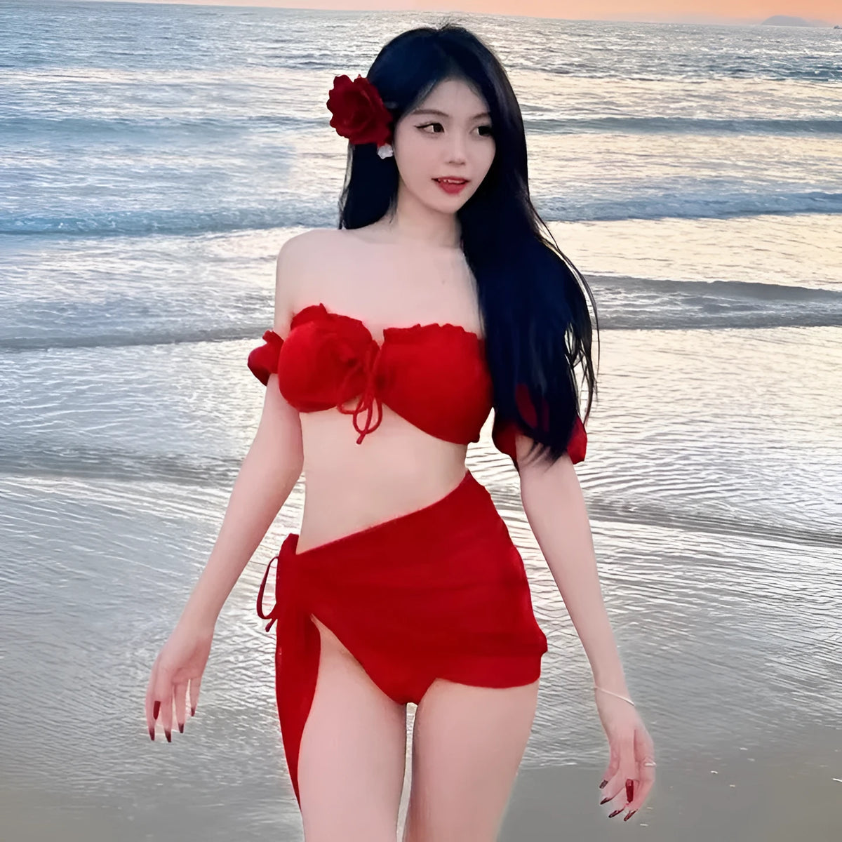 Red women's bikini swimsuit with puff sleeve skirt briefs on hanger
