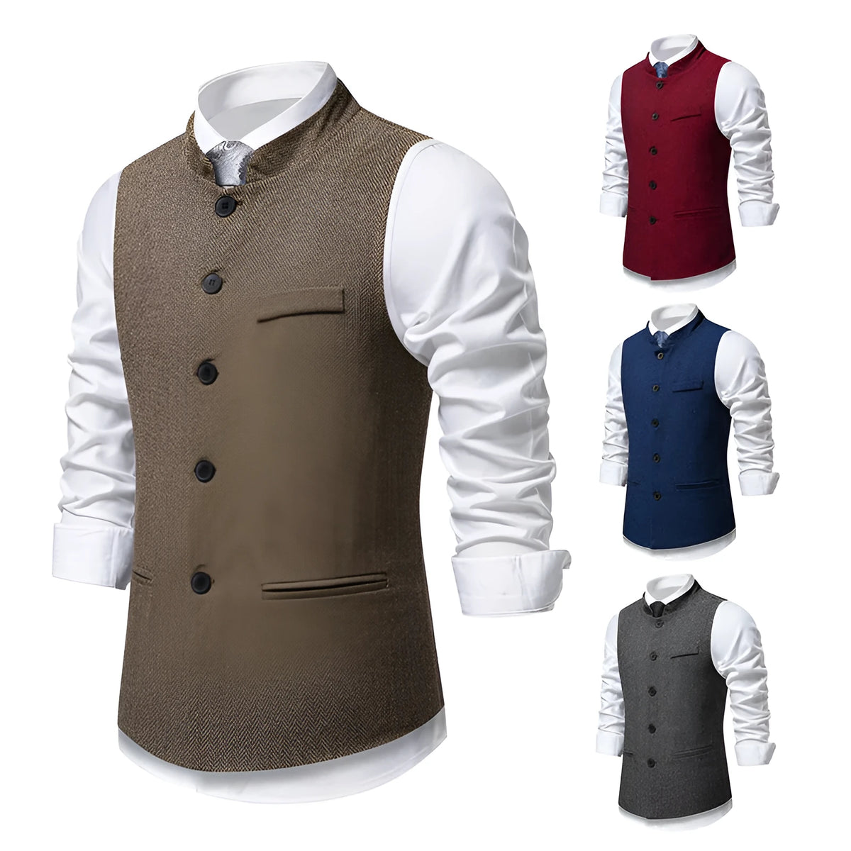 Men's retro stand collar herringbone suit vest, solid colour, polyester blend, sizes S to 2XL