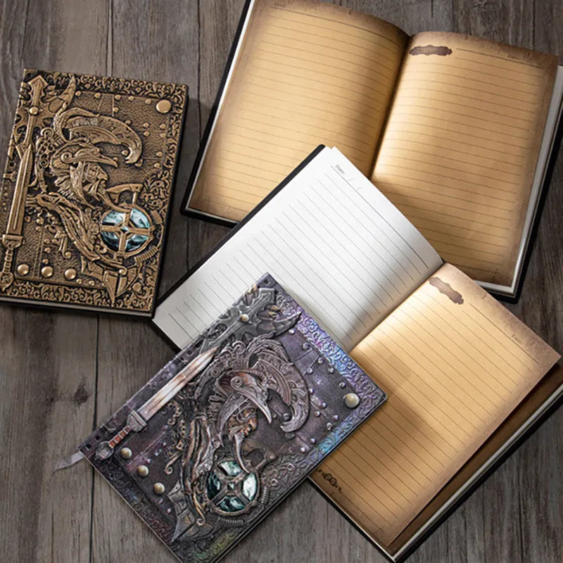 Creative Retro 3D Warriors Relief A5 Notebook with leather cover, showing embossed design and 21.5x14.5cm size