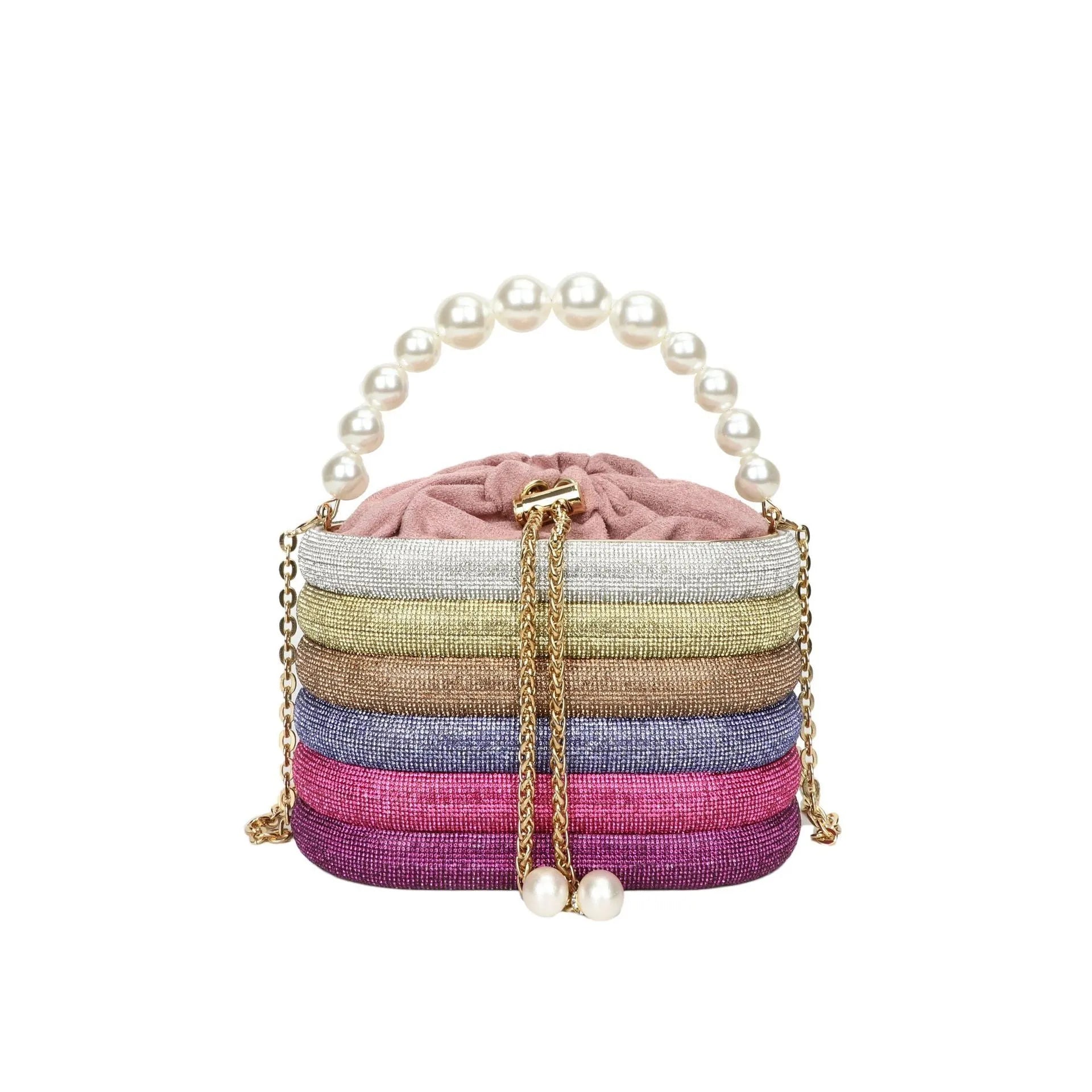 Women's round crossbody bag in soft PU with beaded details, adjustable strap, and zippered interior organiser.