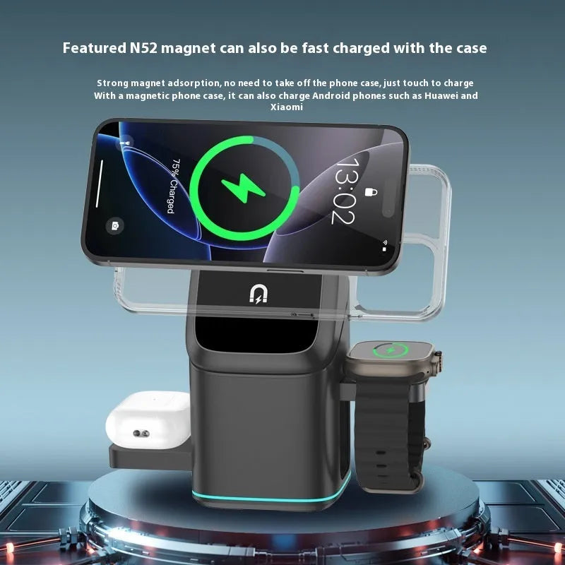 Black magnetic wireless charging stand holding mobile phone at angled position with rotation capability