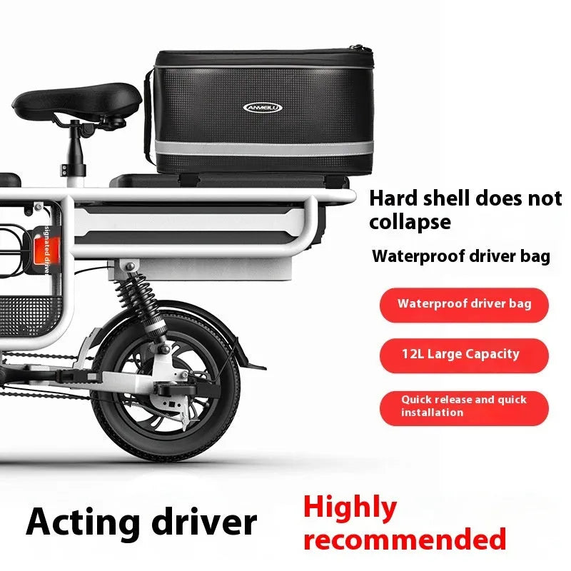 Black PU leather backseat bag for electric cars with 12L capacity for bicycle gear transport