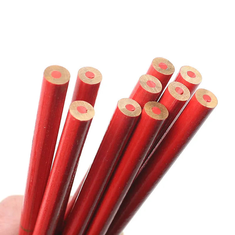 Pack of ten round red and blue wooden carpenter pencils for woodworking marking.