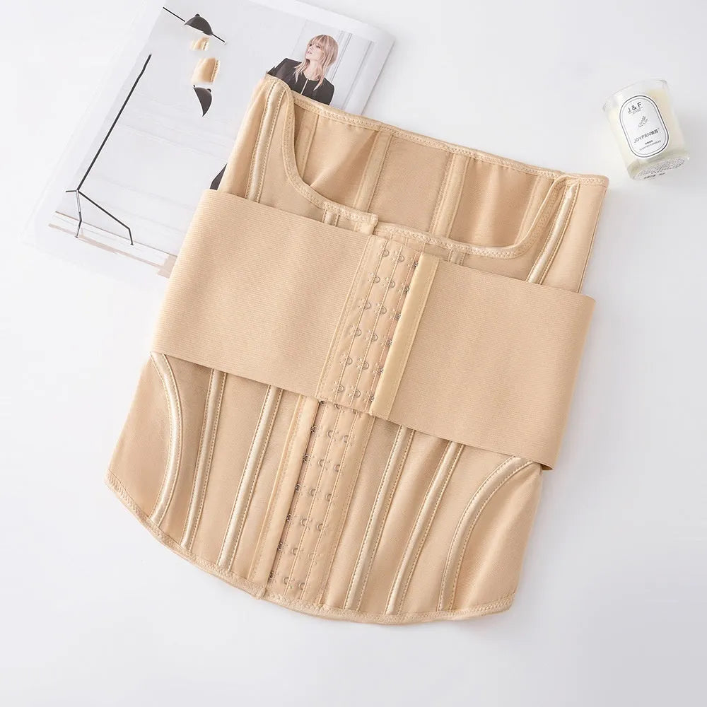 Adjustable nylon belly band for waist training in black or apricot colour with tie closure