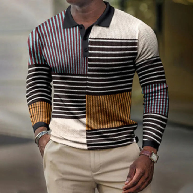 Men's striped long-sleeved casual top with 3D printed design elements in various colour options