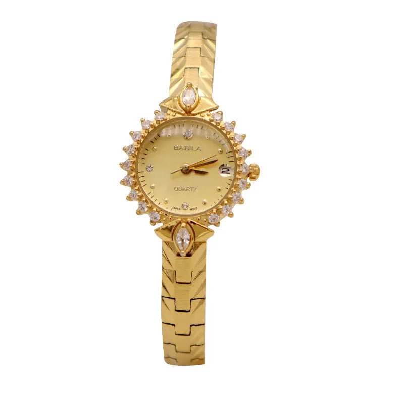 Women's vintage quartz watch with 5A diamond-embossed bracelet in gold finish