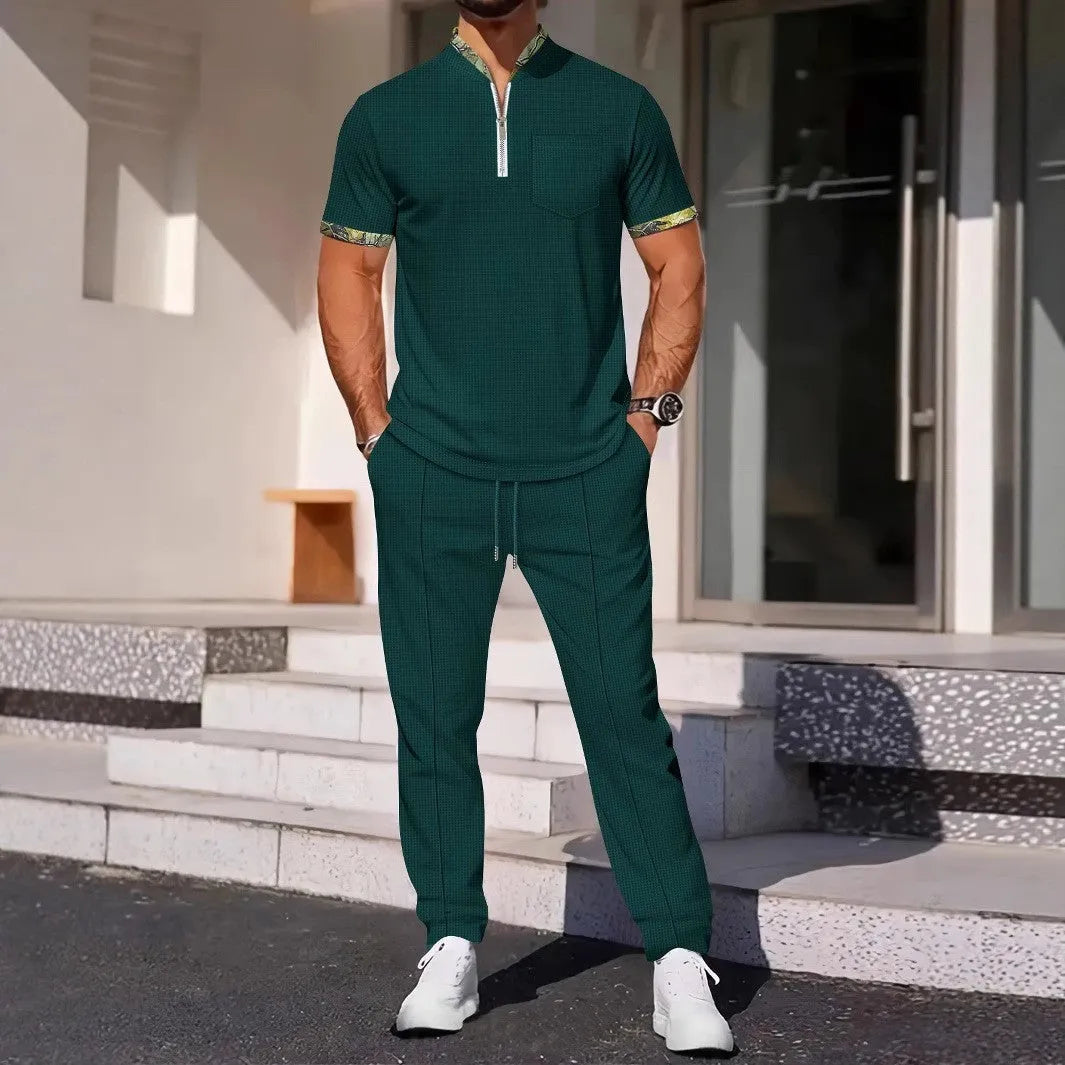 Men's colour matching casual sports suit with short sleeve top and trousers in polyester, available in six colours