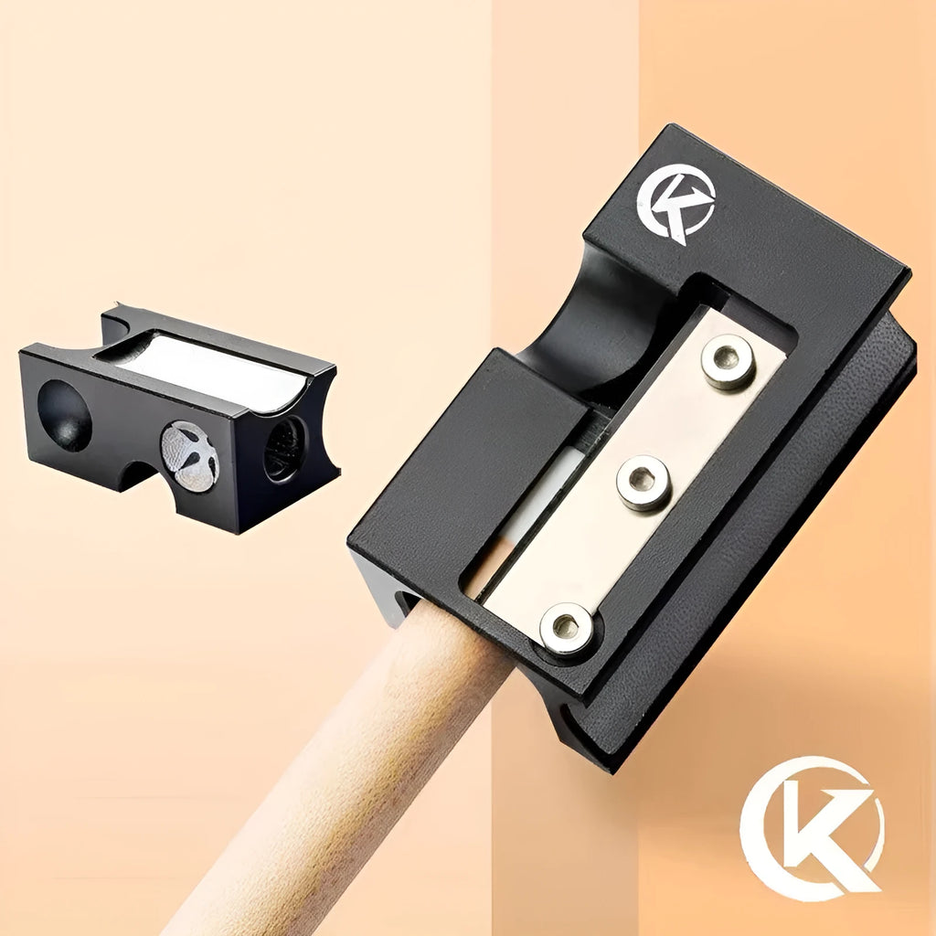 Black all-metal billiard cue leather head repair tool on a neutral background.