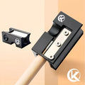 Black all-metal billiard cue leather head repair tool on a neutral background.