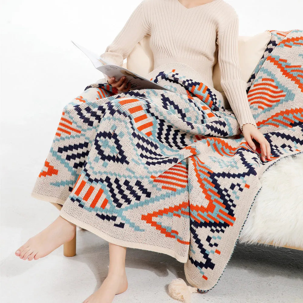Bohemian sofa cover blanket with tassel trim in geometric pattern, dimensions 130cm width, available in multiple lengths and colours.
