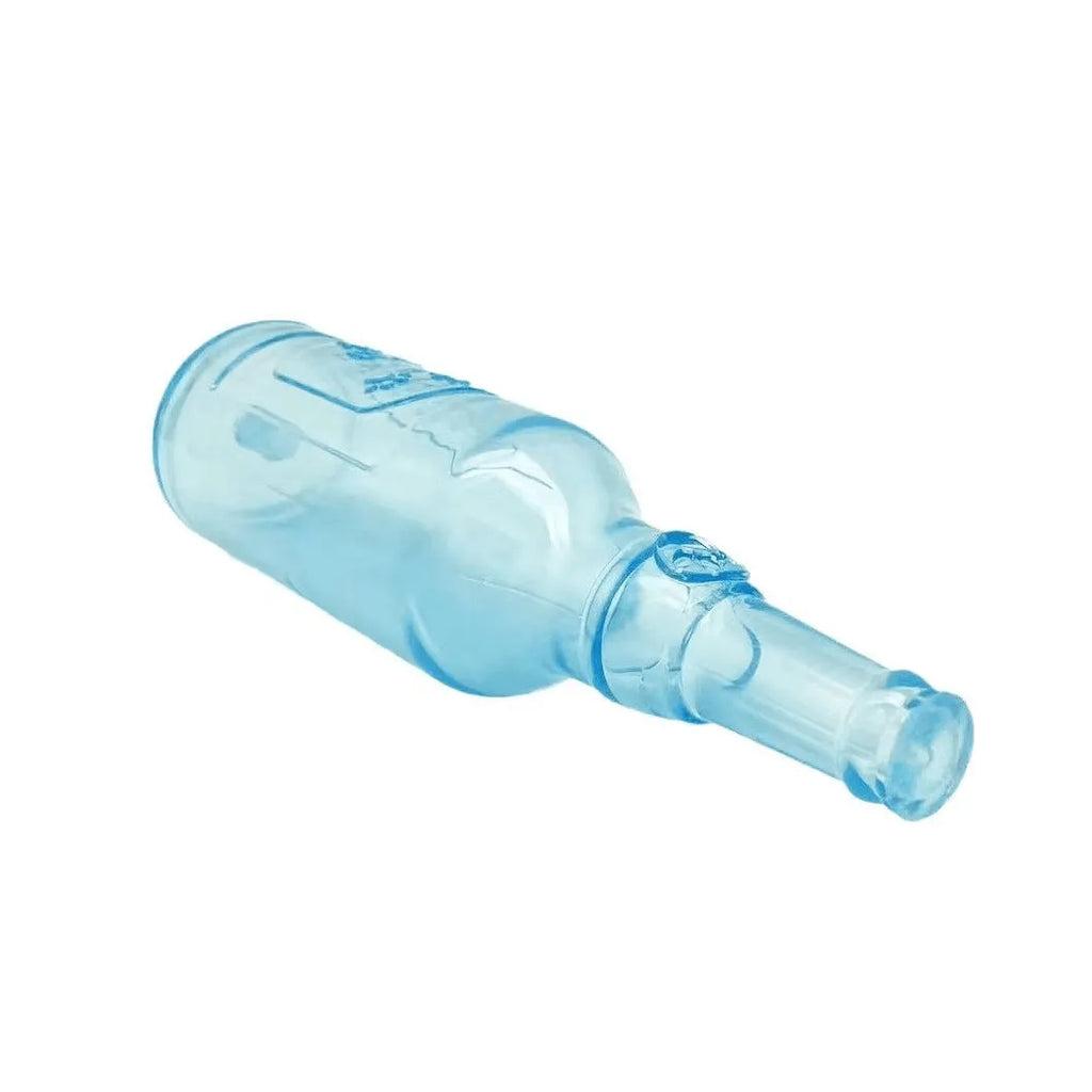 Blue squeaky dog toy shaped like a water bottle with a natural rubber cruncher texture.