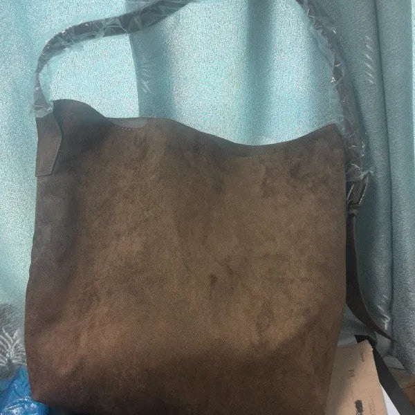 Brown velvet bucket shoulder bag for women with slit pocket, 40 x 15 x 25cm