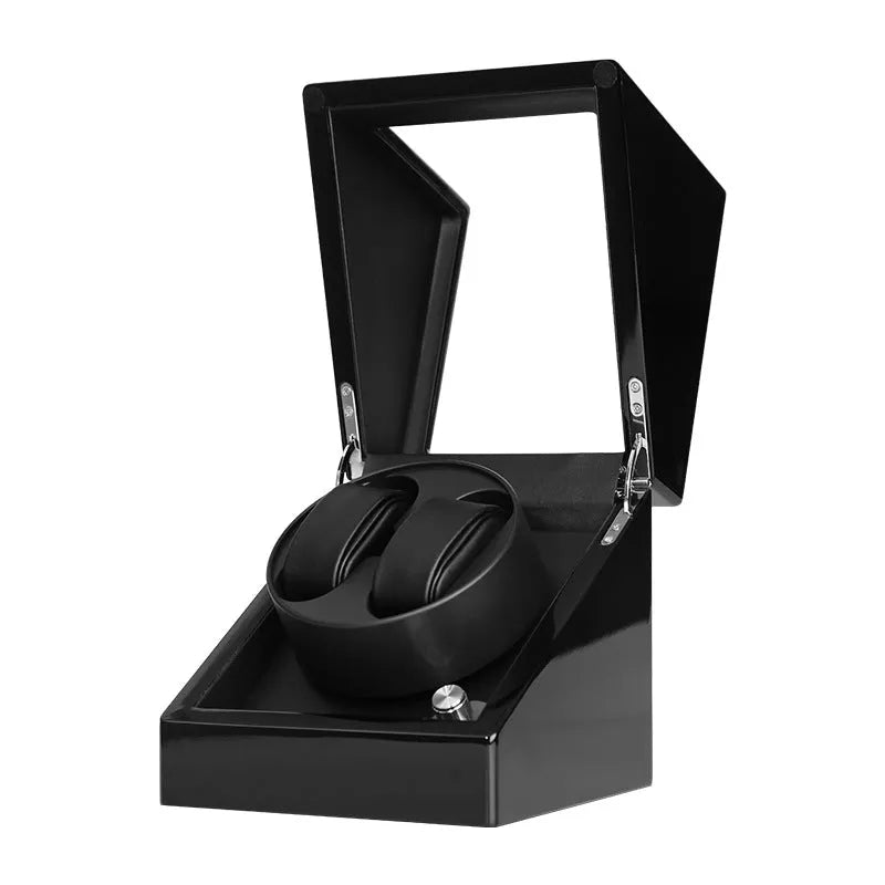 Piano lacquered watch winder with transparent acrylic window, red and black finish, 16 x 16 x 17.5 cm