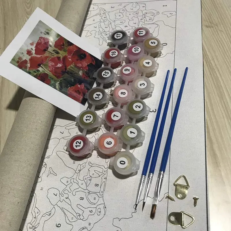 DIY digital painting kit showing 40x50cm canvas with body art design and three brushes
