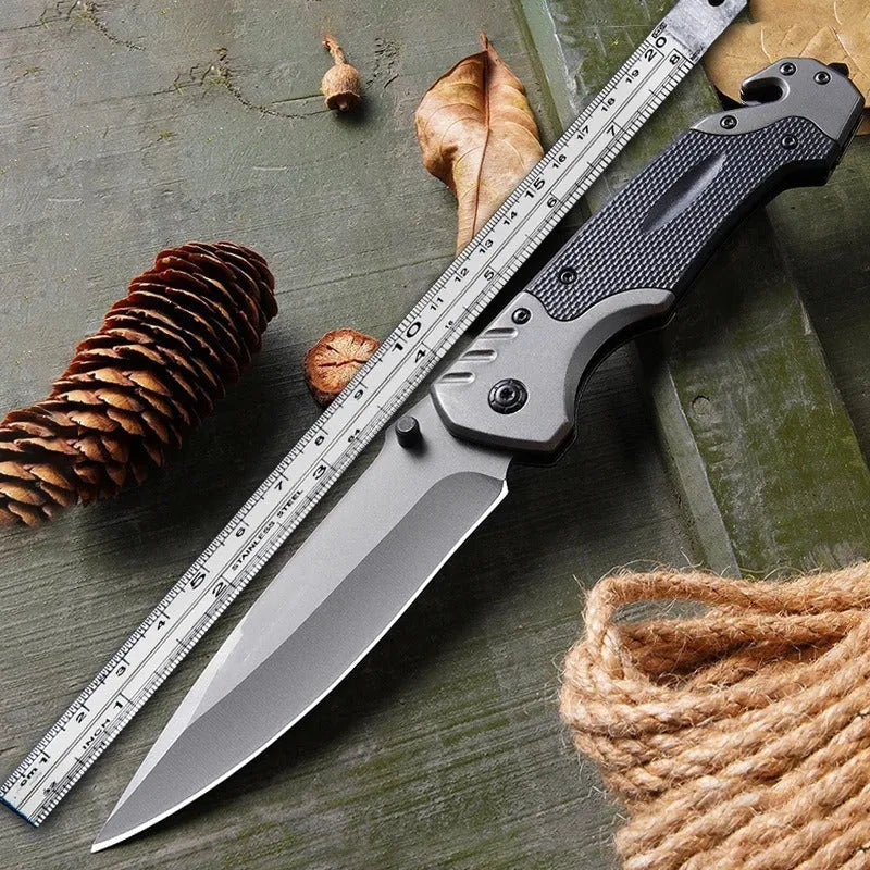 Outdoor folding knife with alloy handle showing 60-degree blade tip angle and compact folded size