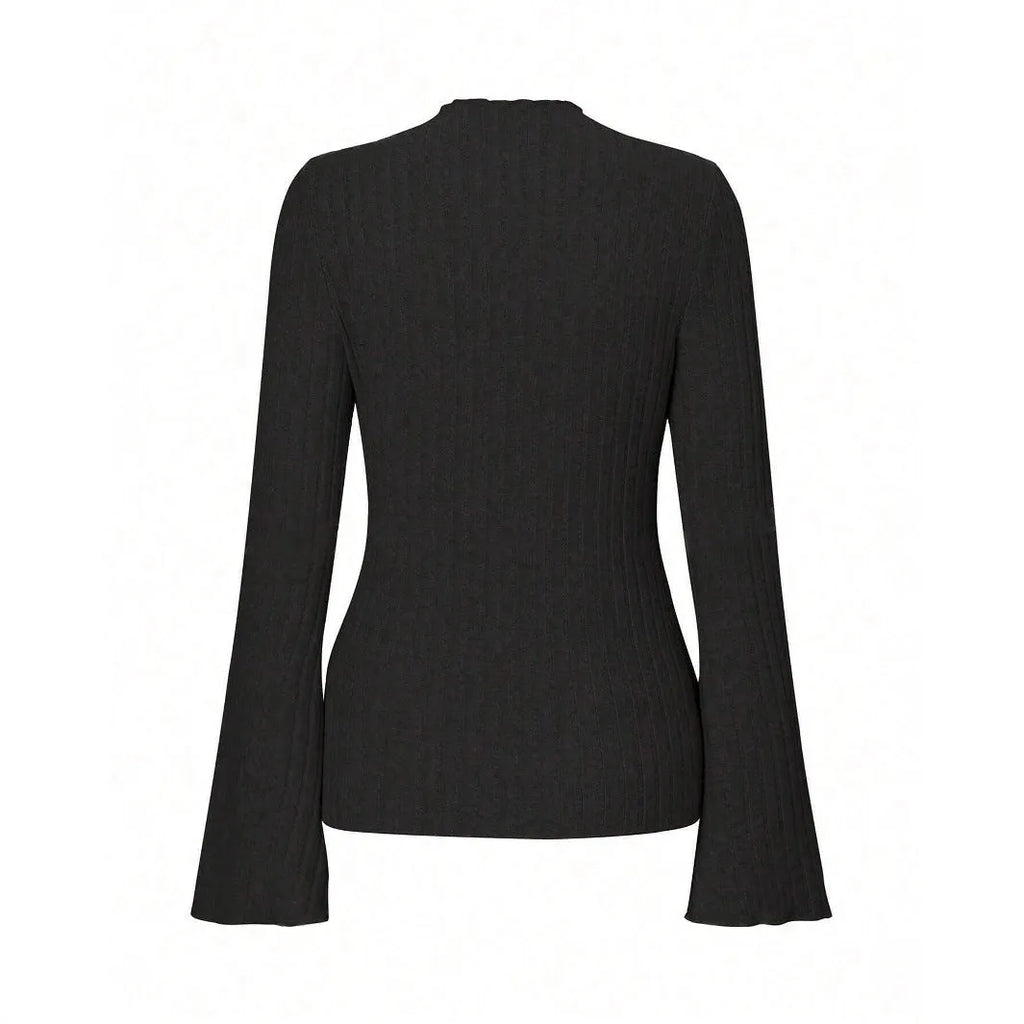 Long sleeve round neck top with lantern sleeves in brushed polyester fabric, black colour, slim fit