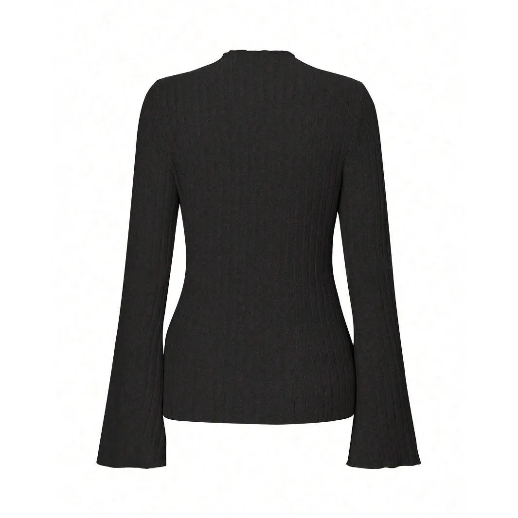 Long sleeve round neck top with lantern sleeves in brushed polyester fabric, black colour, slim fit