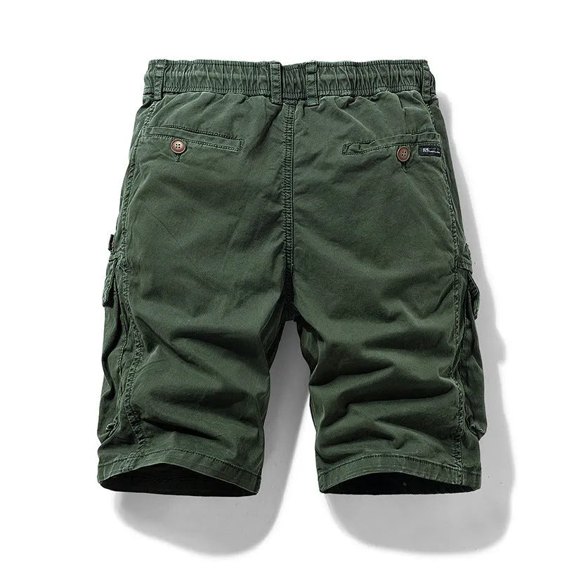 Men's army green cotton shorts with zipper and multiple pockets, Korean style fifth pants length.