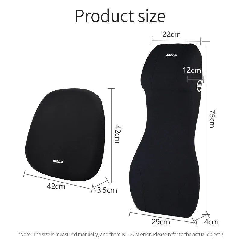 Black automotive memory foam cushion mat with integrated headrest and lumbar support pillow on a car seat.