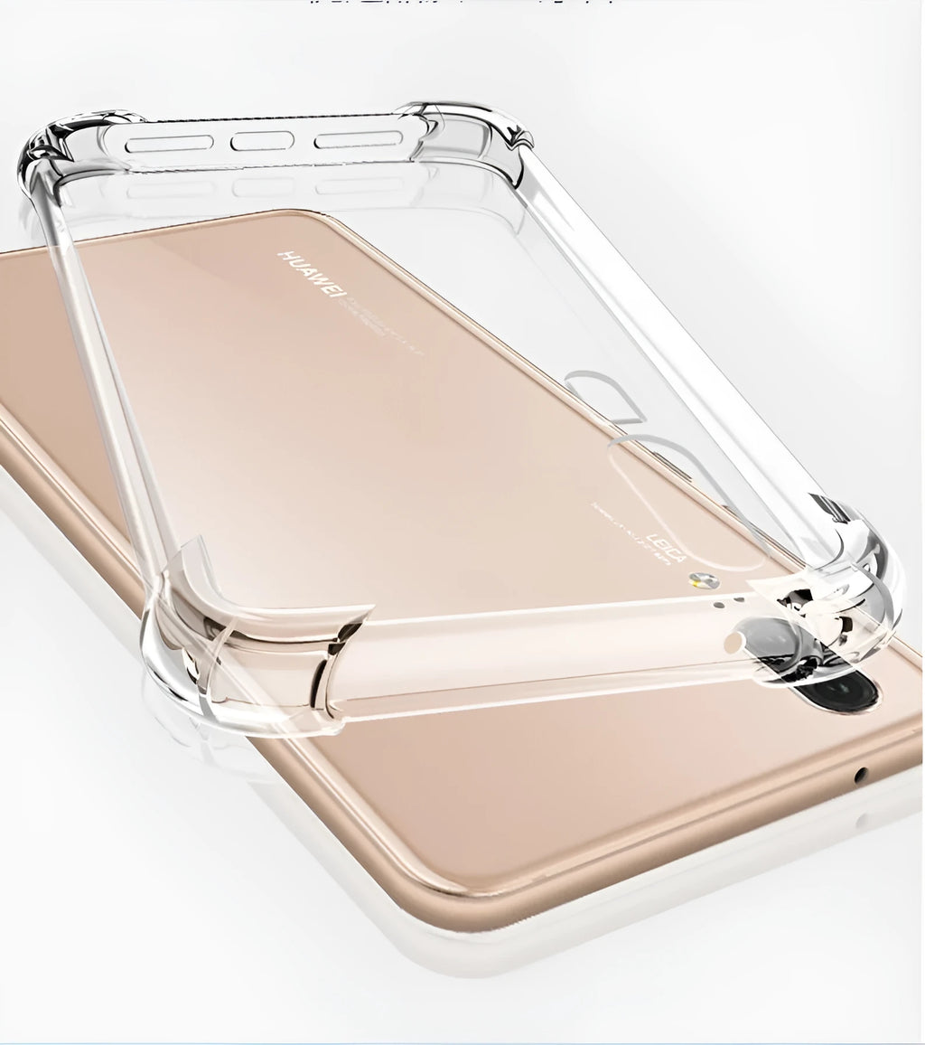 Transparent TPU phone case showing Huawei smartphone compatibility with airbag drop-resistant technology