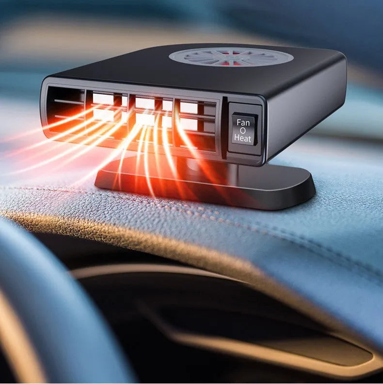 Black vehicle-mounted heater measuring 11x6.5x14cm with 360-degree rotation mount for windscreen defrosting