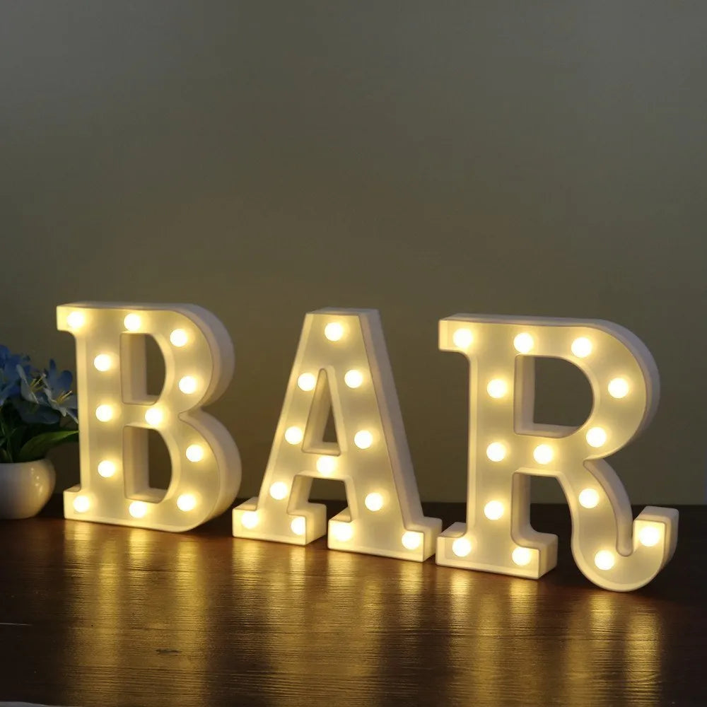 White LED letter marquee sign, 22cm high, warm white LEDs, plastic alphabet lamp for indoor party and home decor