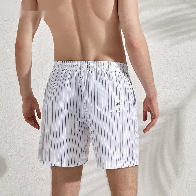 Men's white striped quick-drying polyester beach trousers, loose straight-leg lined summer pants