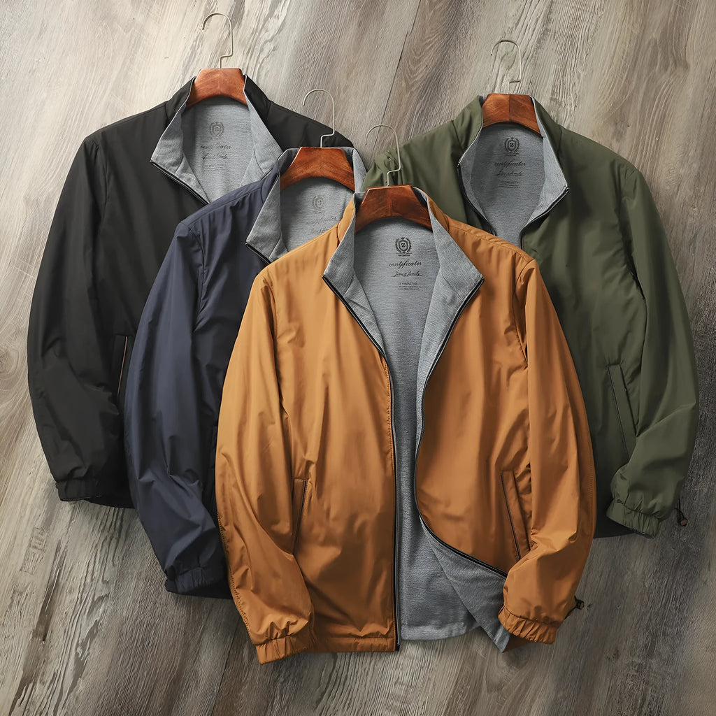 Men's Army Green stand collar casual jacket on a hanger, showing button front and regular sleeve cut.