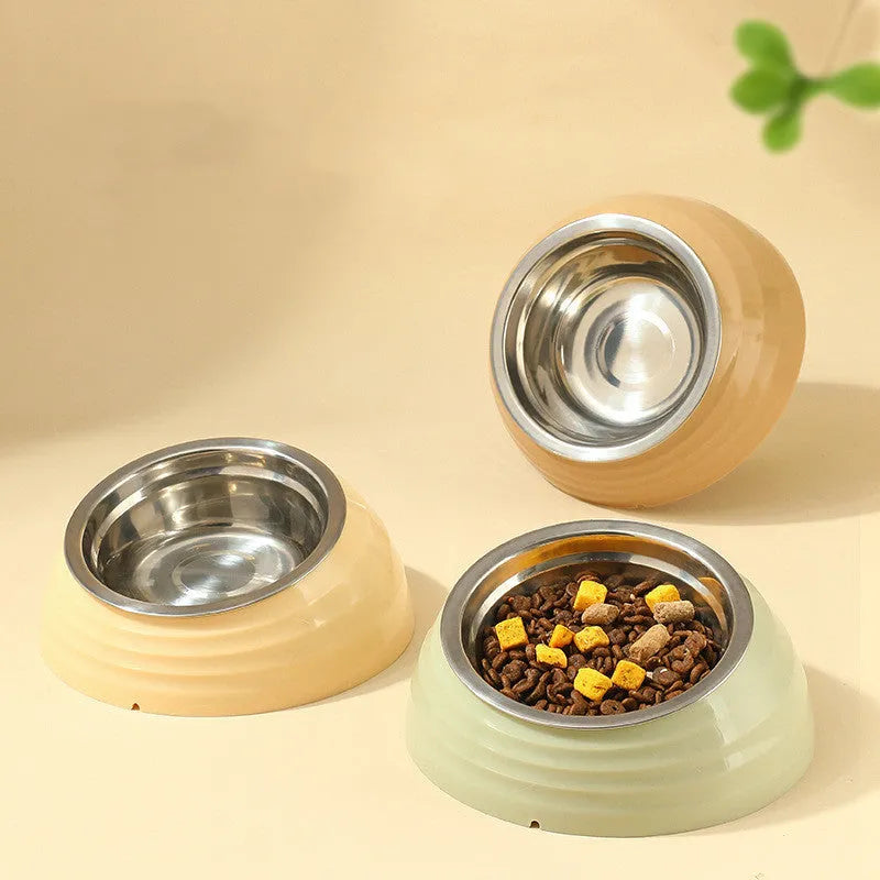 Stainless steel cat bowl with plastic base in beige, brown, or light green colour options