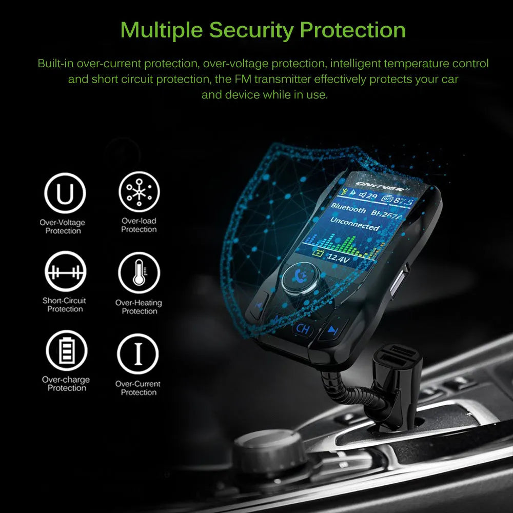 Car Bluetooth FM transmitter with colour screen plugged into car cigarette lighter