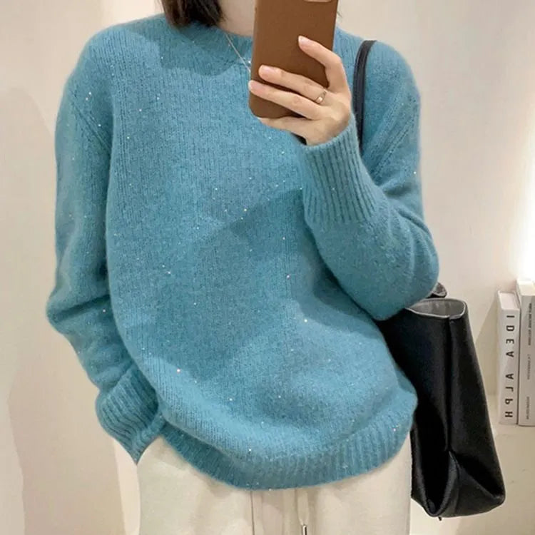 Women's long sleeve round neck pullover top in sky blue, loose fit, free size 85-135