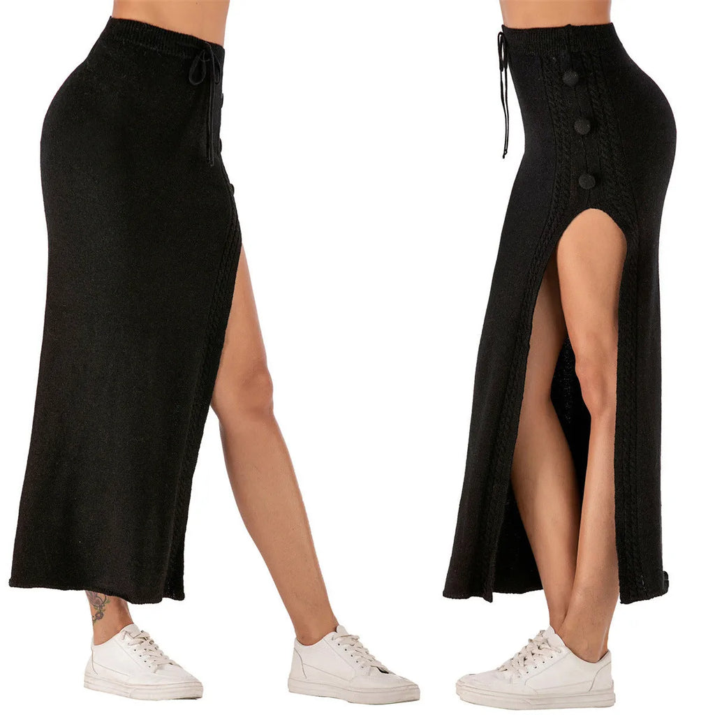 Slim-fit woolen skirt in black with split design and straps, mid-length cut, available in sizes S to XL
