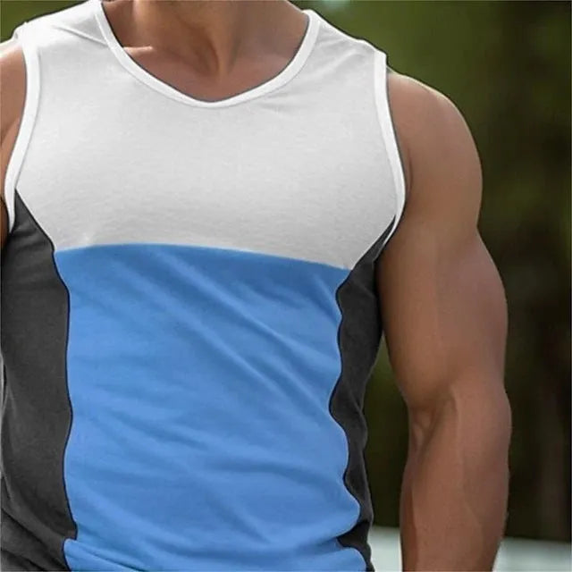 Men's blue contrast colour sports vest made from cotton-polyester blend fabric.