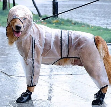 Transparent waterproof large dog raincoat made from raincoat cloth and TPU material, sizes XS to 7XL