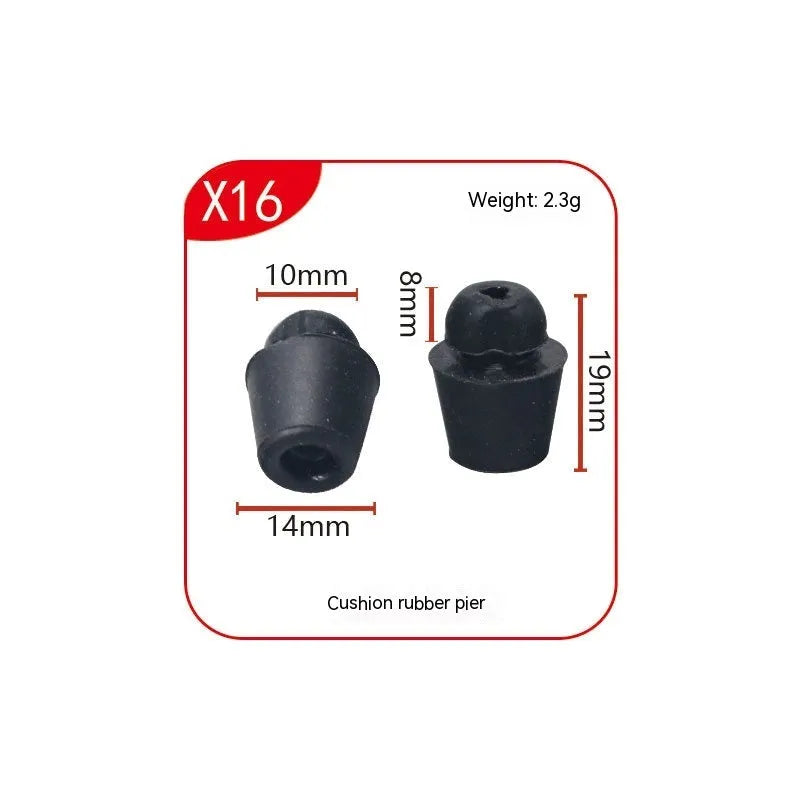 Black rubber automotive buffer clips for vibration reduction in vehicle interiors and engine compartments