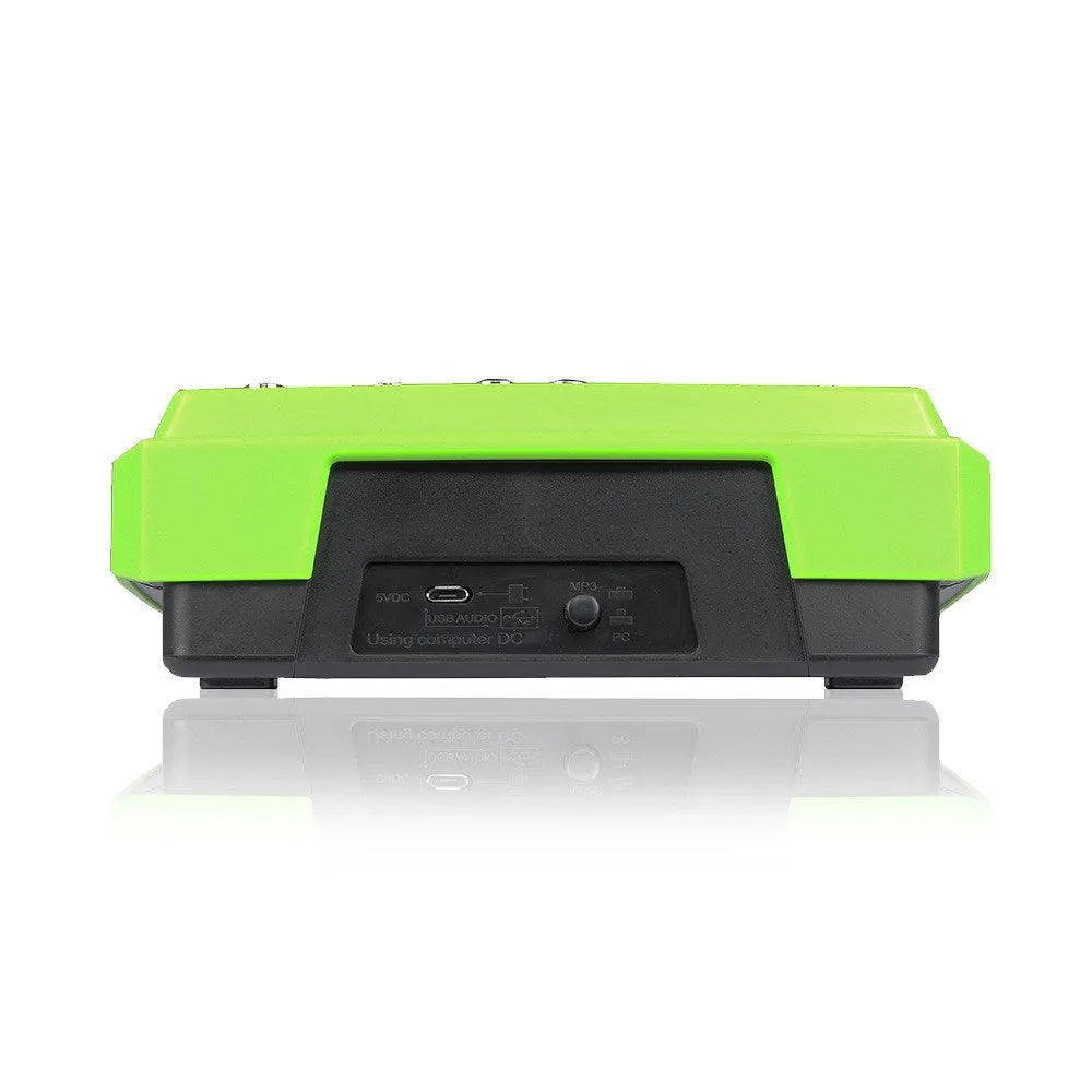 Reverb audio processor in green, red, or yellow colour with USB interface and power adapter