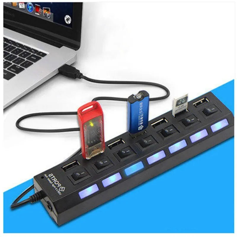 Black and white USB hub showing 4-port and 7-port options for computer connectivity