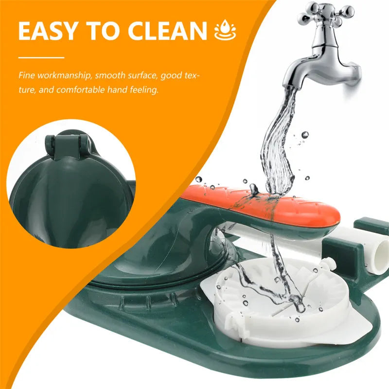 3 in 1 plastic dumpling maker set with two dumpling props and white rolling pin in orange, green, white or pink