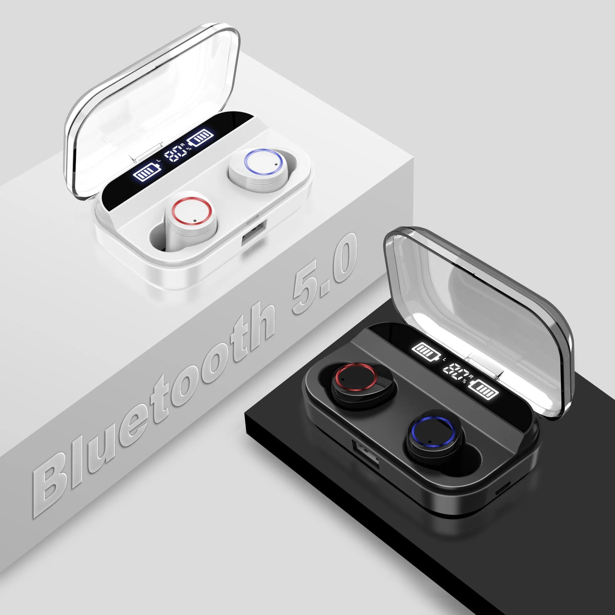 Black X11 Bluetooth wireless earbuds with charging case showing touch controls and included ear sleeves
