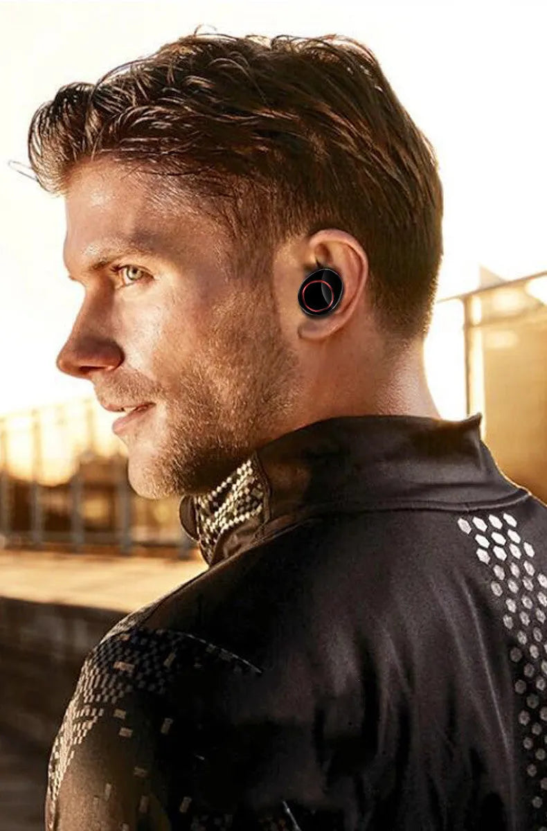 Black X11 Bluetooth wireless earbuds with charging case showing touch controls and included ear sleeves